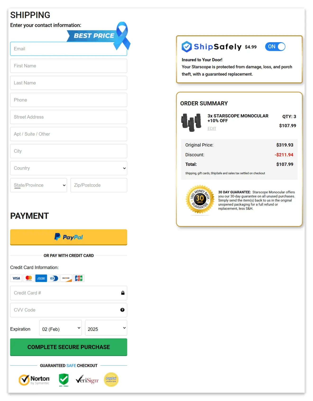 starscope monocular secure checkout page